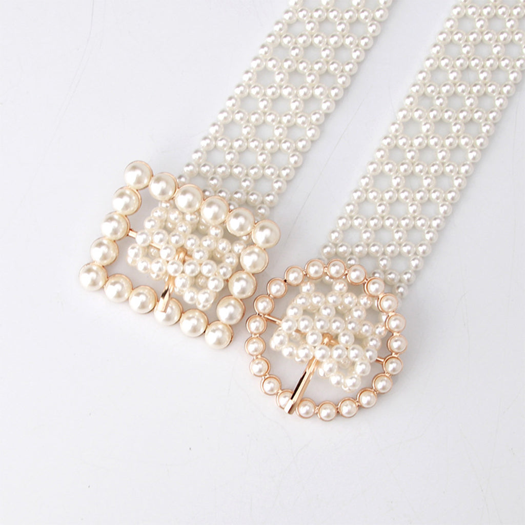 Pearl Beaded Metal Waist Chain for Women Dress Waist Belts Round Buckle