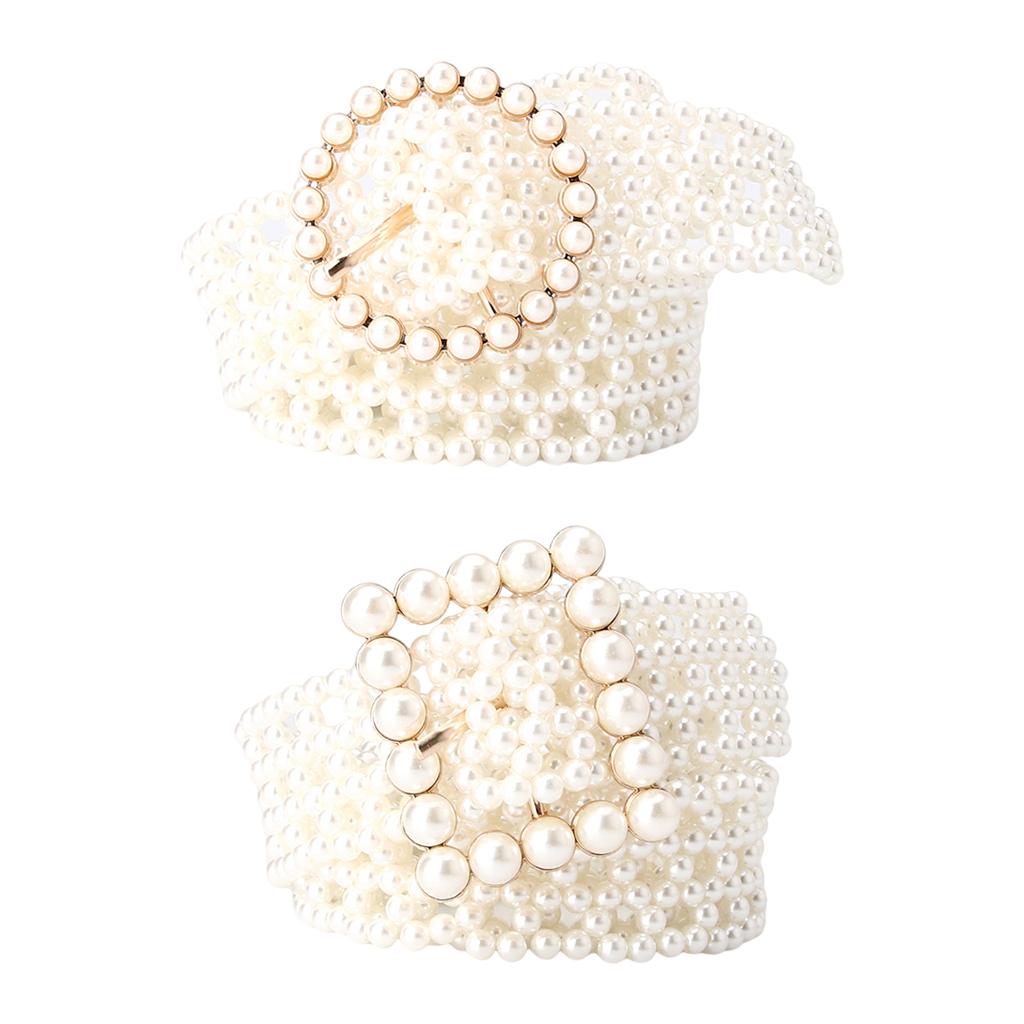 Pearl Beaded Metal Waist Chain for Women Dress Waist Belts Round Buckle