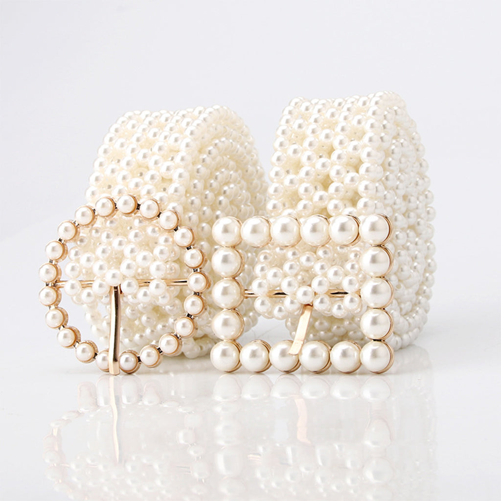 Pearl Beaded Metal Waist Chain for Women Dress Waist Belts Square Buckle