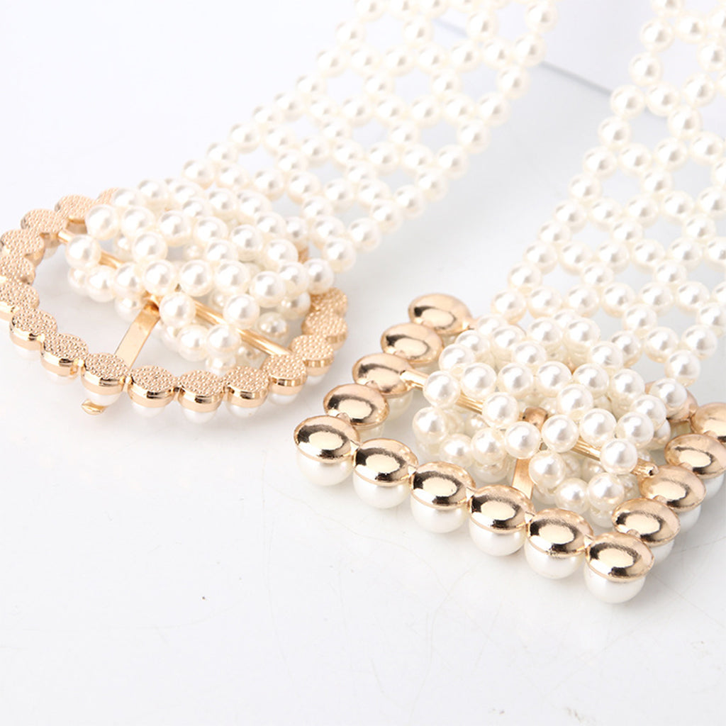 Pearl Beaded Metal Waist Chain for Women Dress Waist Belts Square Buckle