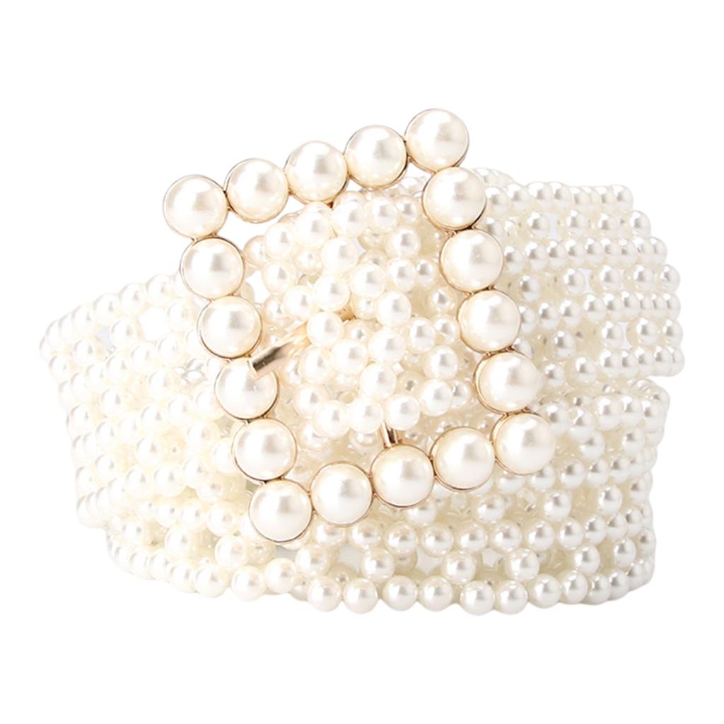 Pearl Beaded Metal Waist Chain for Women Dress Waist Belts Square Buckle