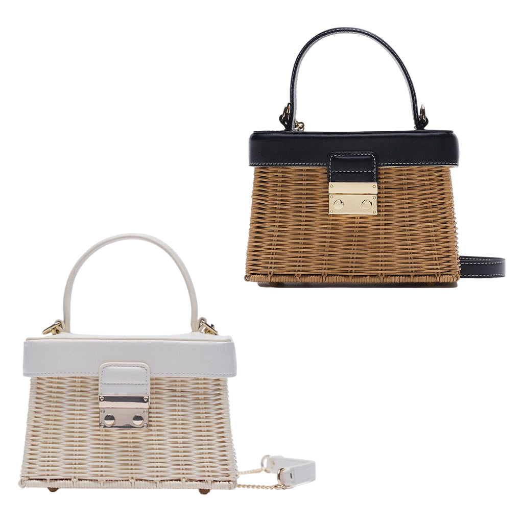 Rattan Handbag Tropical Boho Hand Bag Phone Holder Messenger Purse  Black