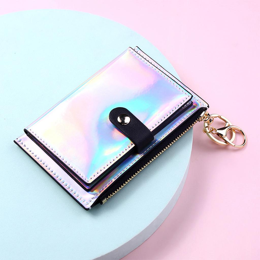 Women Wallet Bifold with Coin Pocket Card Holder Purse Keychain Silver