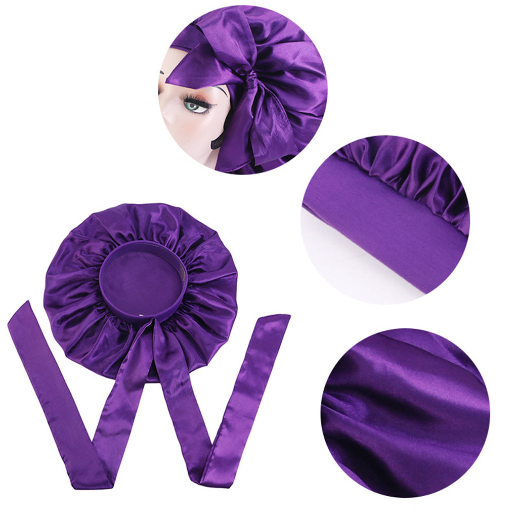 Women Satin Silk Bonnet Night Sleeping Caps Hat For Long Curly Purple