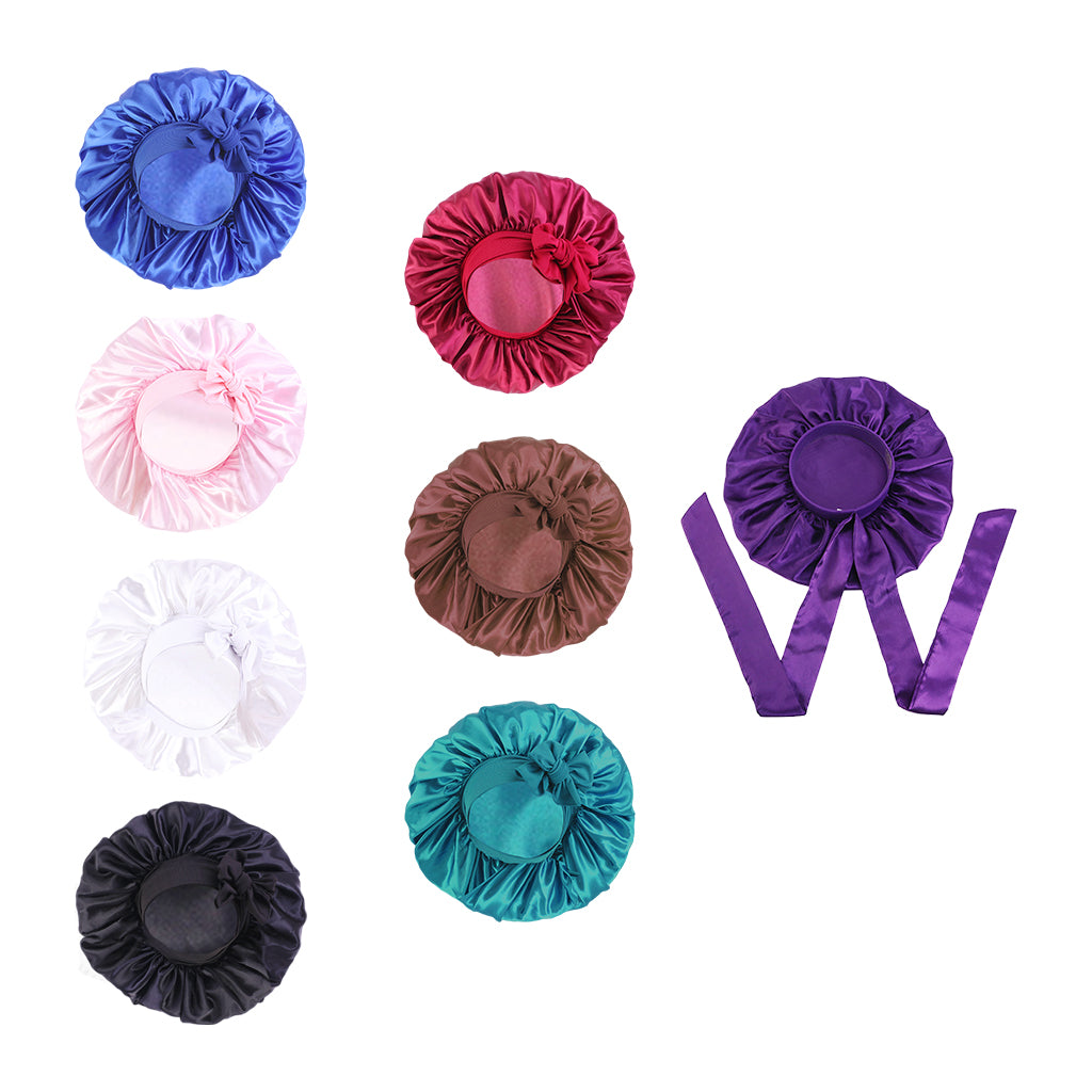 Women Satin Silk Bonnet Night Sleeping Caps Hat For Long Curly Purple