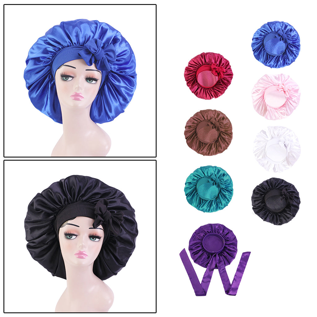 Women Satin Silk Bonnet Night Sleeping Caps Hat For Long Curly Purple