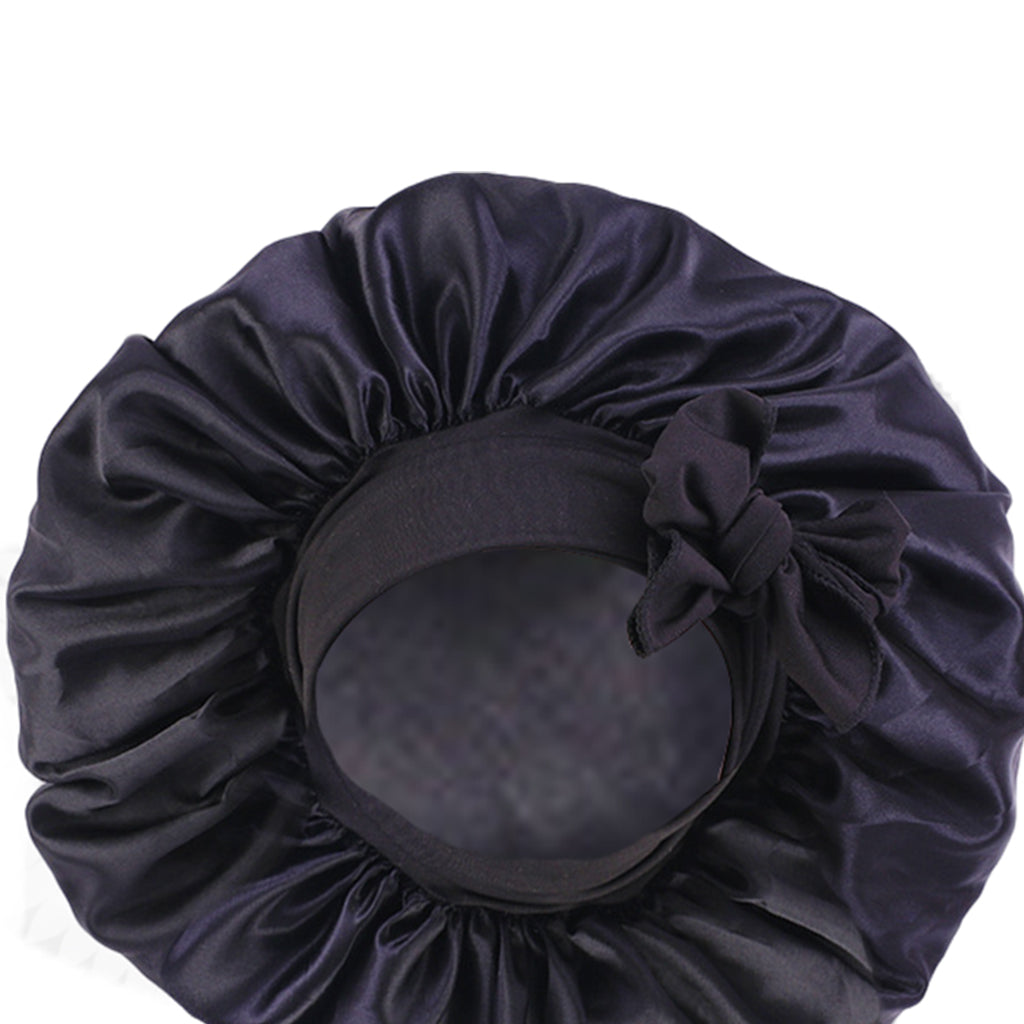 Women Satin Silk Bonnet Night Sleeping Caps Hat For Long Curly Black