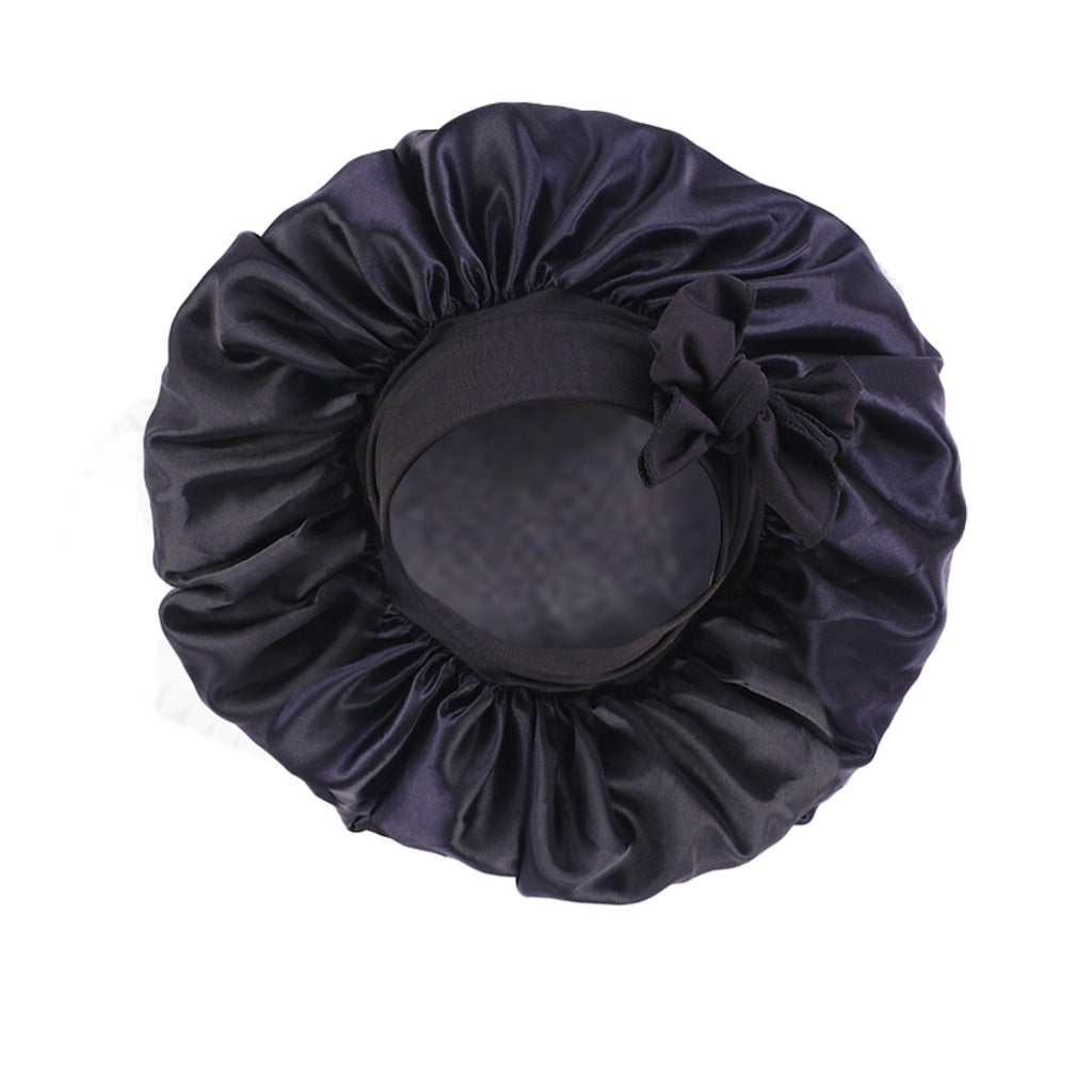 Women Satin Silk Bonnet Night Sleeping Caps Hat For Long Curly Black