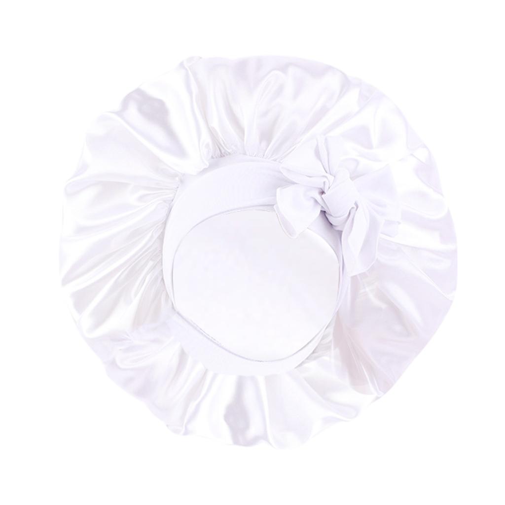 Women Satin Silk Bonnet Night Sleeping Caps Hat For Long Curly White