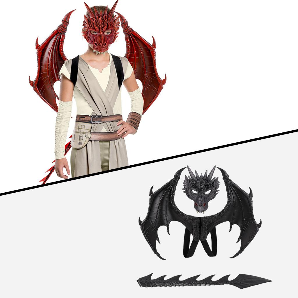 Children's Kids Dragon Costume Tail Mask Set Role Play Party Props Black