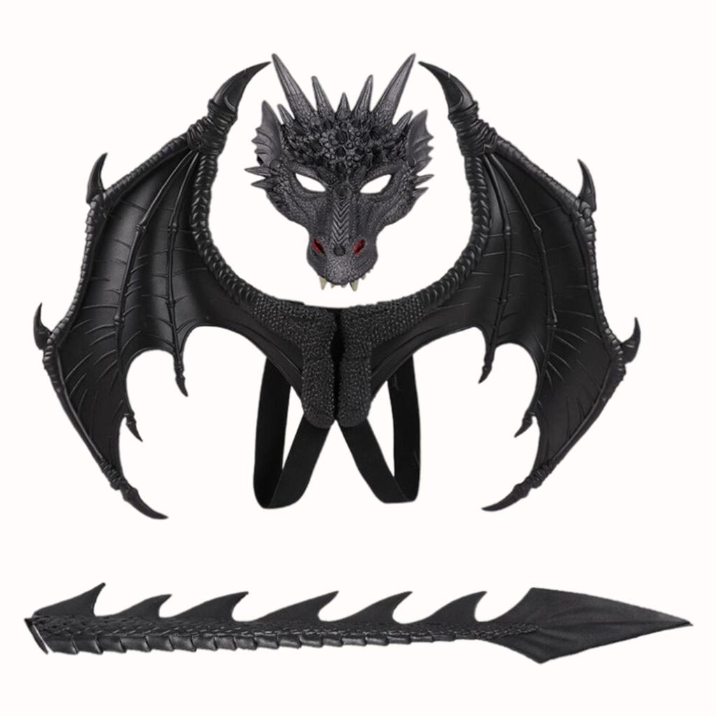 Children's Kids Dragon Costume Tail Mask Set Role Play Party Props Black