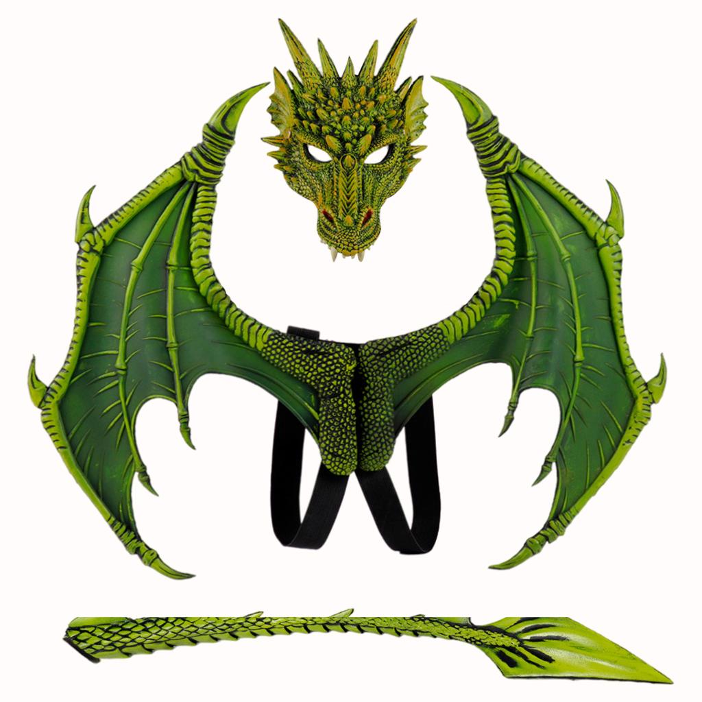 Children's Kids Dragon Costume Tail Mask Set Role Play Party Props Green