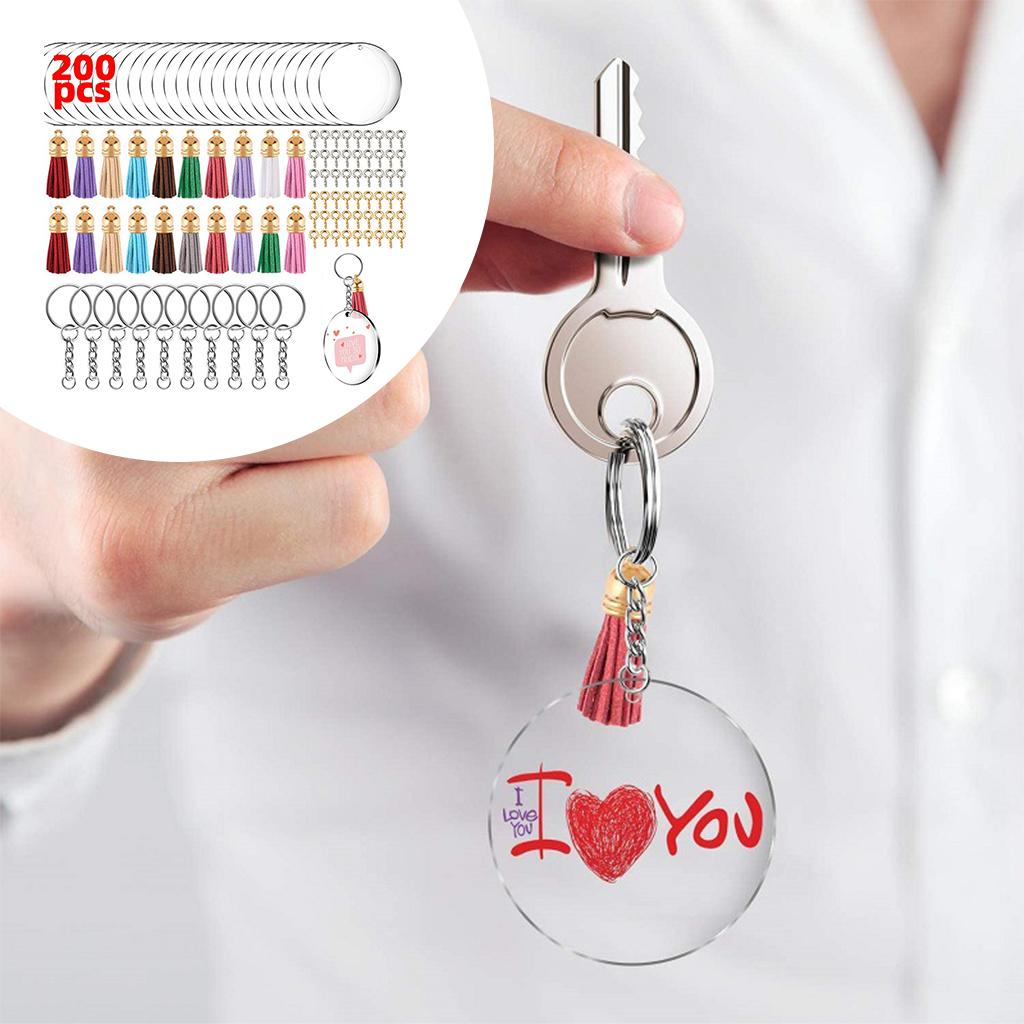 200 Acrylic Circle Discs Keychain Blanks Tassel Pendants Key Ring Kit Golden