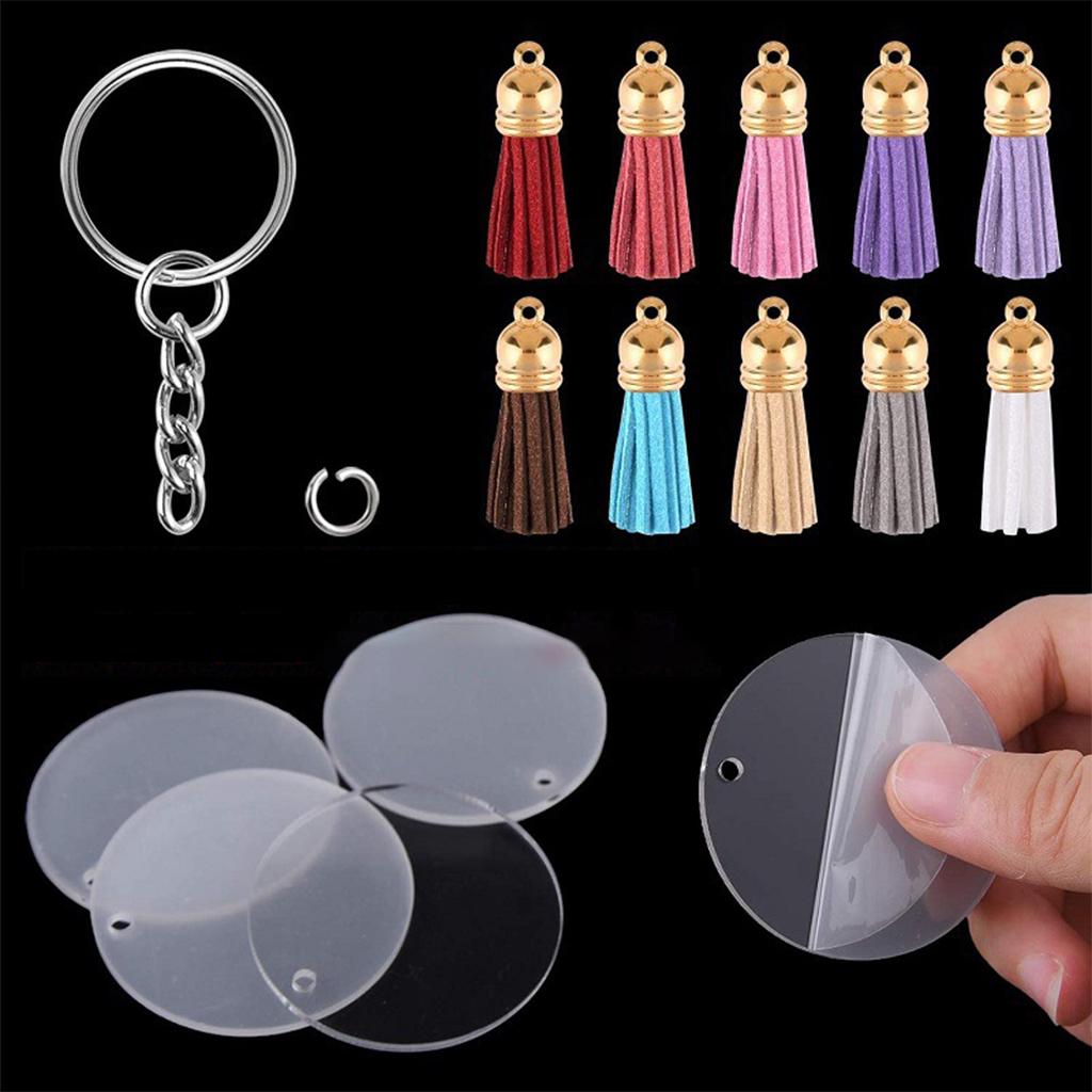 200 Acrylic Circle Discs Keychain Blanks Tassel Pendants Key Ring Kit Golden