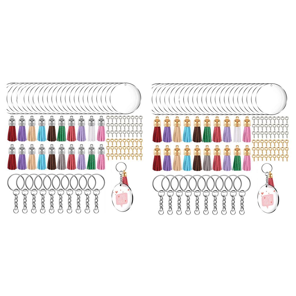 200 Acrylic Circle Discs Keychain Blanks Tassel Pendants Key Ring Kit Golden
