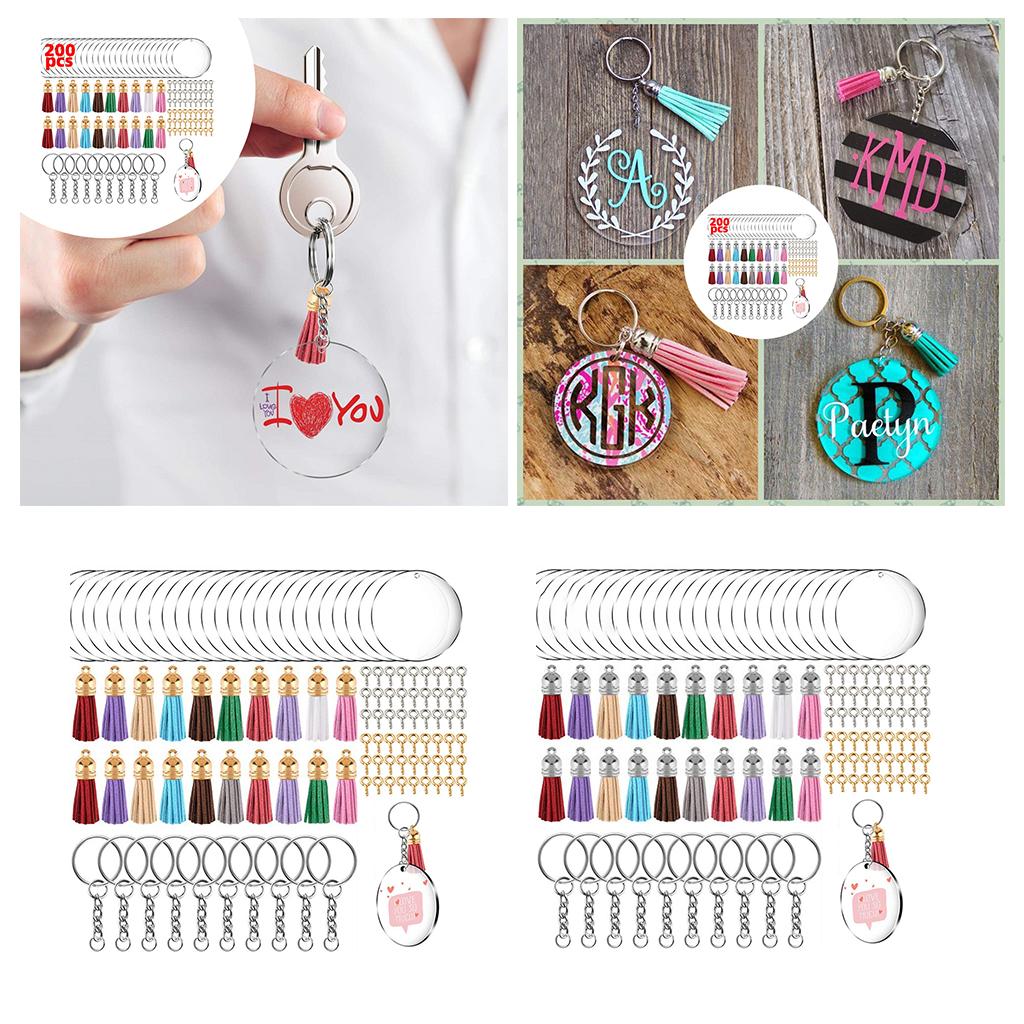 200 Acrylic Circle Discs Keychain Blanks Tassel Pendants Key Ring Kit Golden