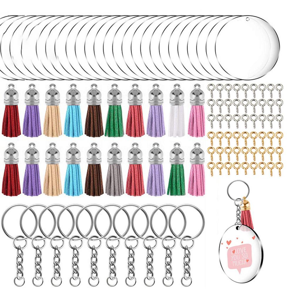 200 Acrylic Circle Discs Keychain Blanks Tassel Pendants Key Ring Kit Silver