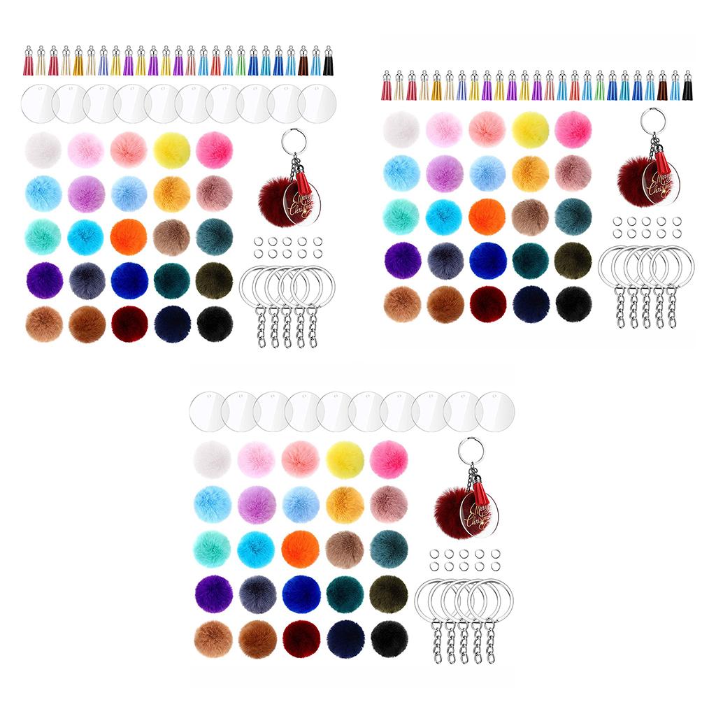 195x Clear Acrylic Circle Discs Keychain Blanks Tassel Pendants Key Ring Kit 195Pcs