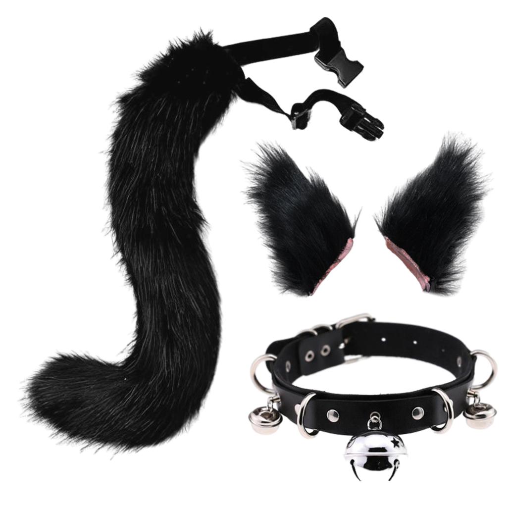 Faux Fur Cat Ears and Tail Set Halloween Fancy Dress Cosplay Costume Black