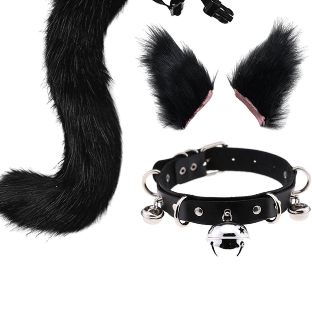 Faux Fur Cat Ears and Tail Set Halloween Fancy Dress Cosplay Costume Black