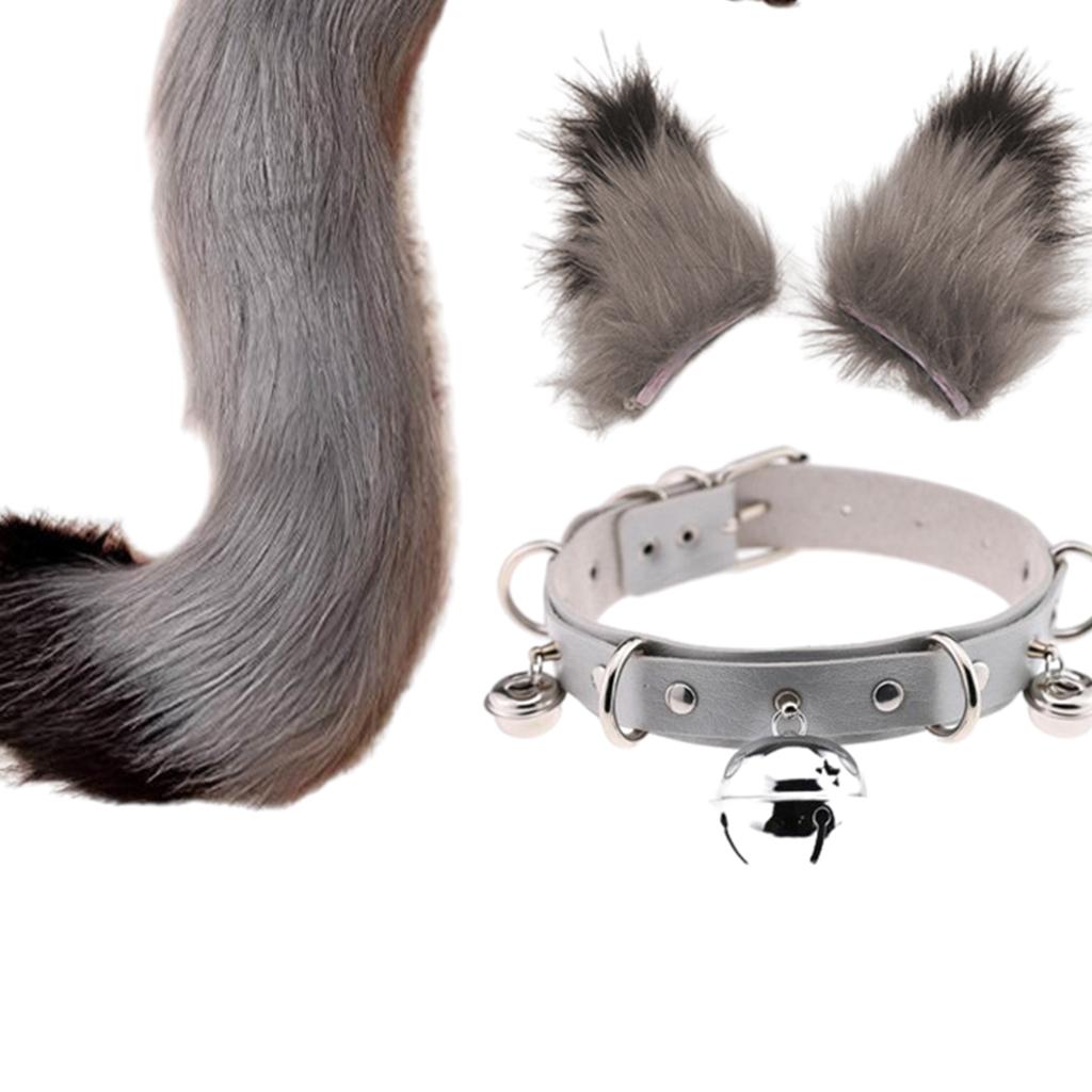 Faux Fur Cat Ears and Tail Set Halloween Fancy Dress Cosplay Costume Gray