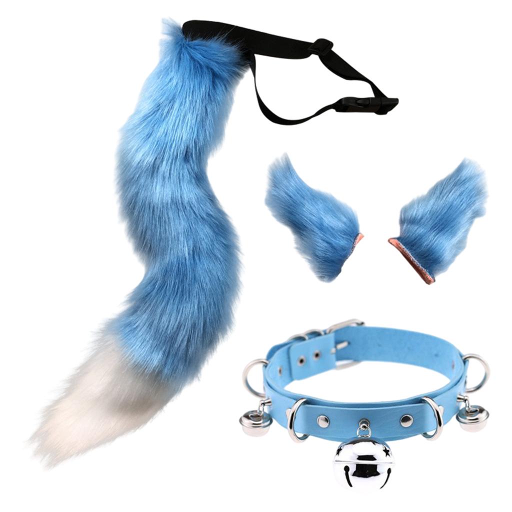 Faux Fur Cat Ears and Tail Set Halloween Fancy Dress Cosplay Costume Blue
