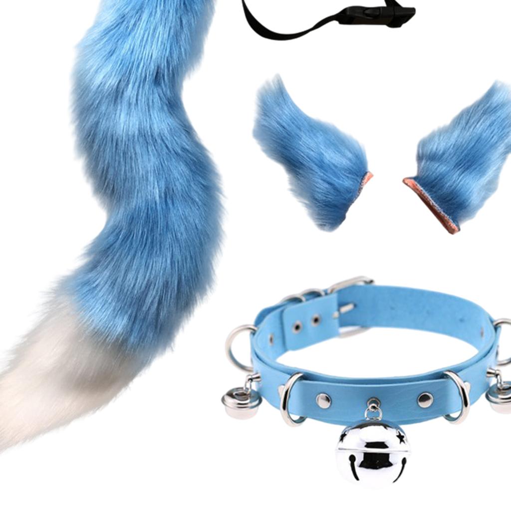 Faux Fur Cat Ears and Tail Set Halloween Fancy Dress Cosplay Costume Blue