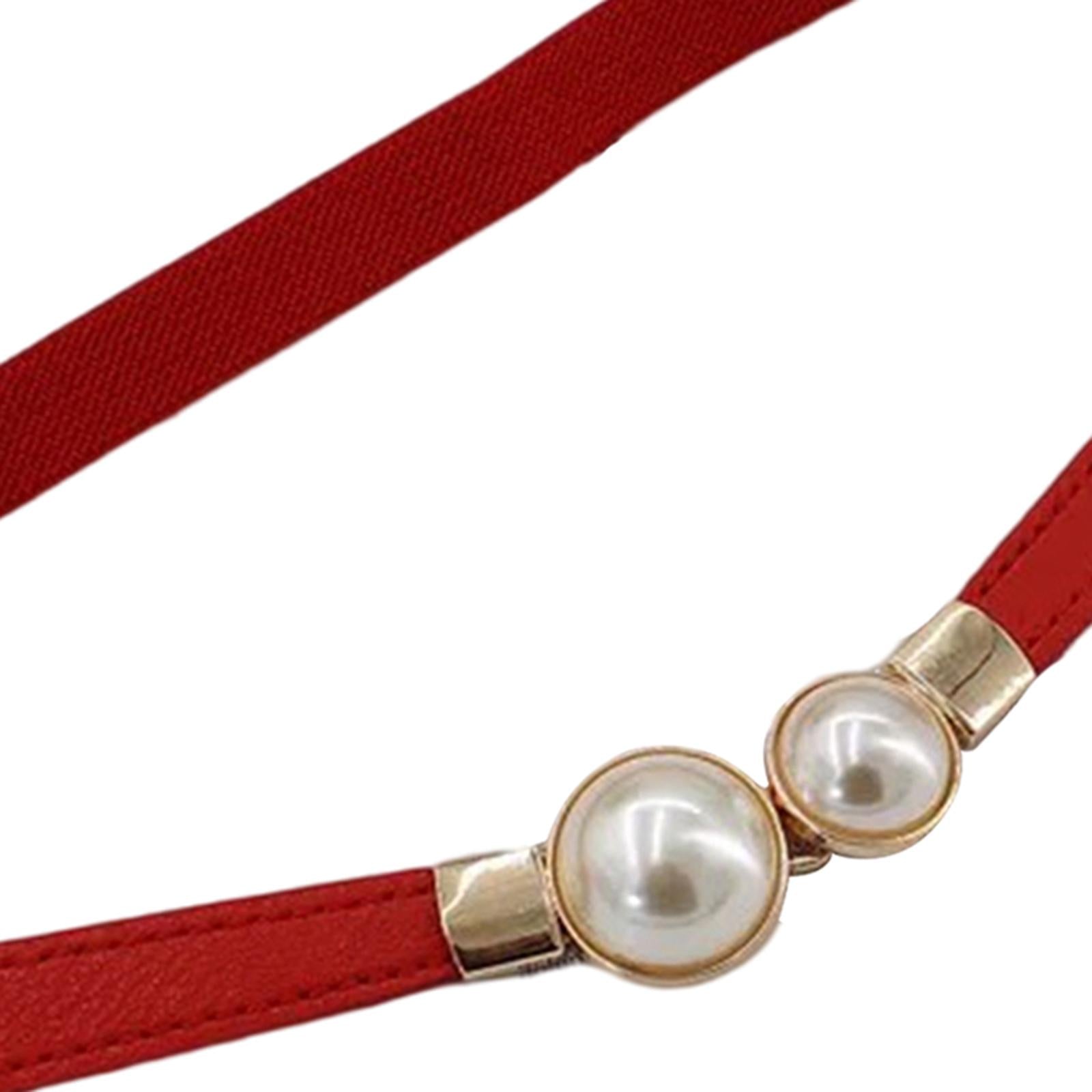Pearl Elastic Belt Thin Leather Women Waist Belt Dress Skirt Decor Red