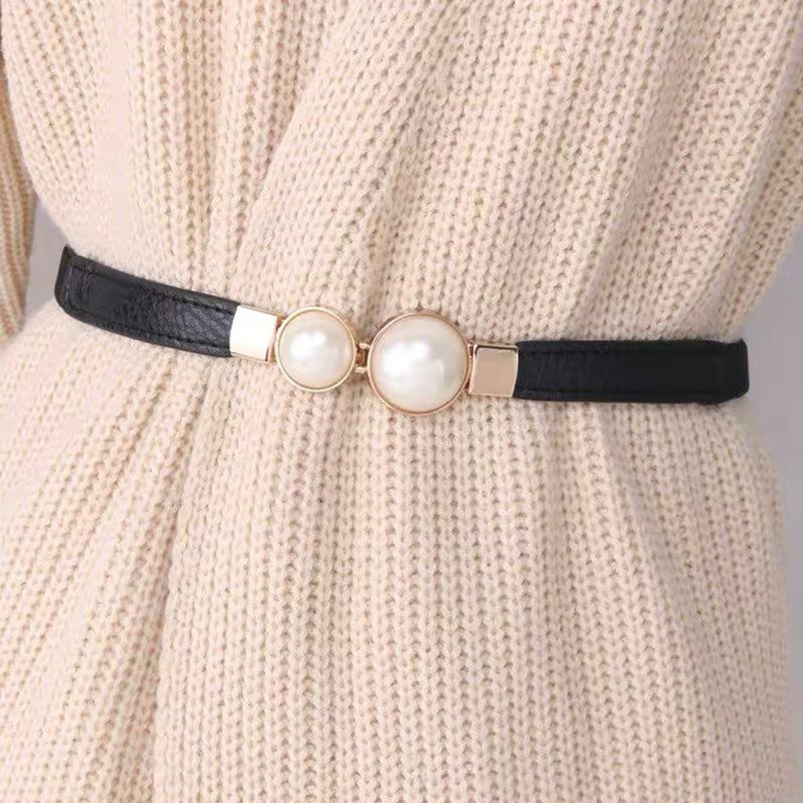 Pearl Elastic Belt Thin Leather Women Waist Belt Dress Skirt Decor Red