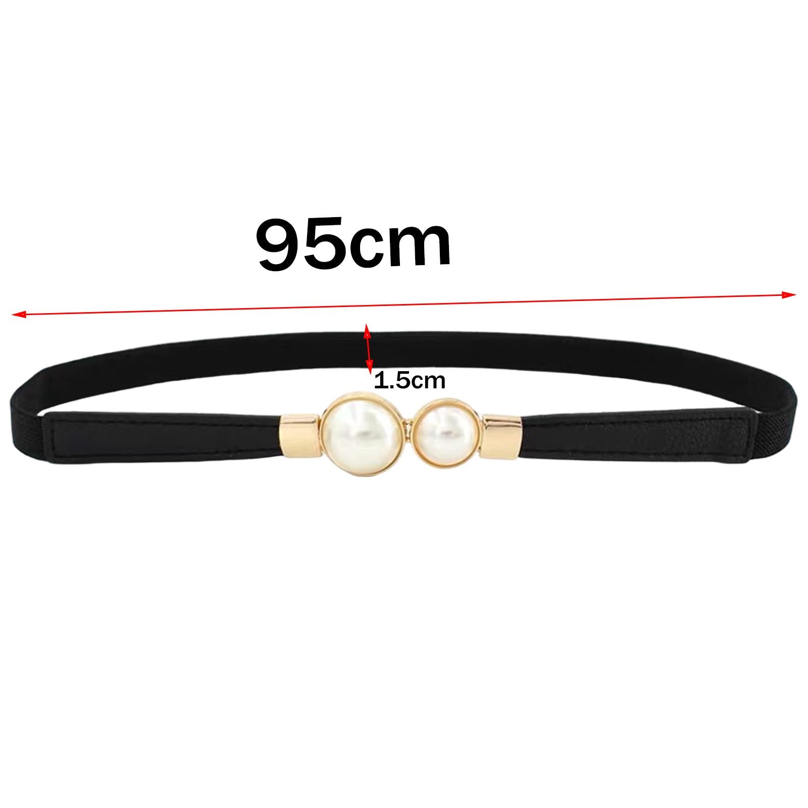 Pearl Elastic Belt Thin Leather Women Waist Belt Dress Skirt Decor Black
