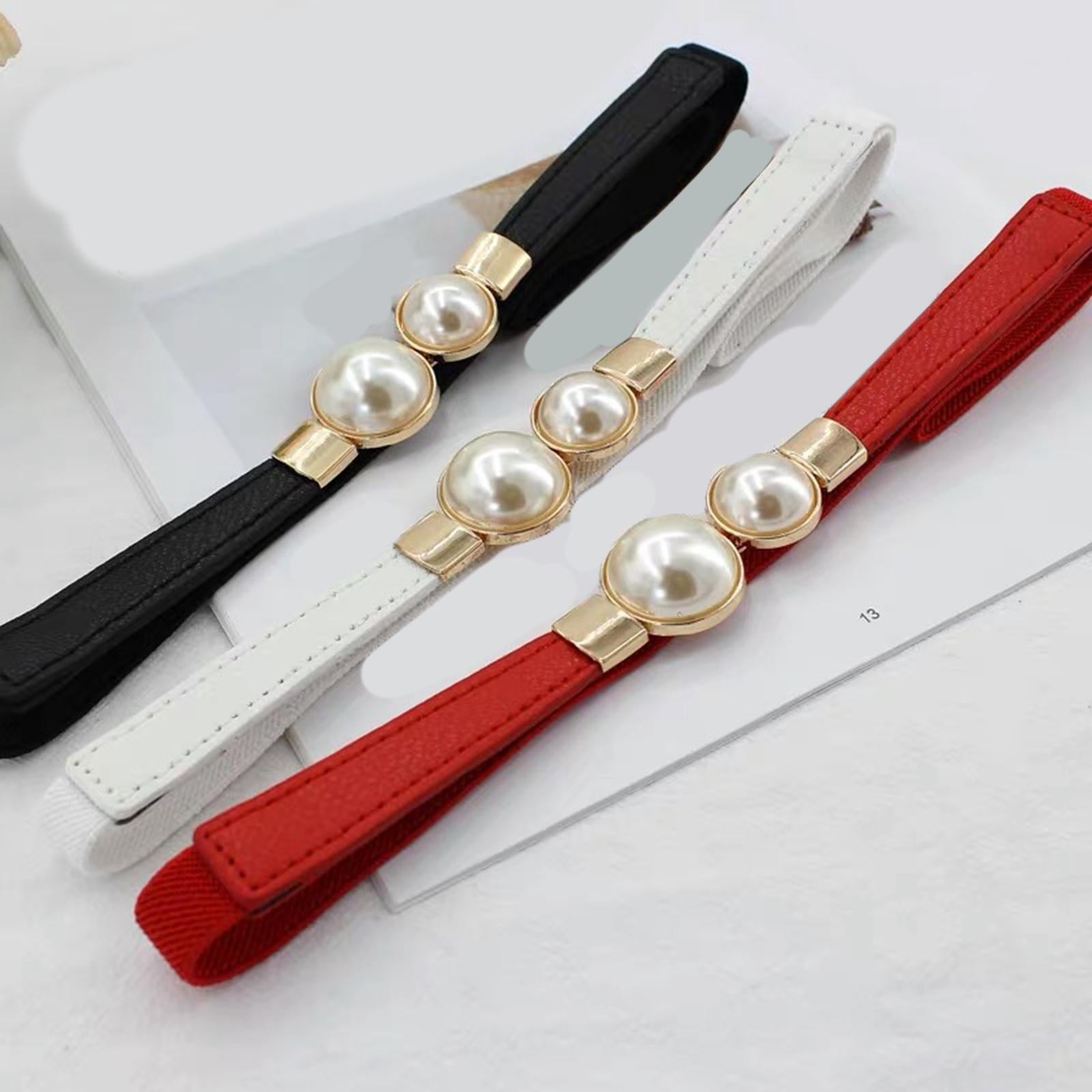 Pearl Elastic Belt Thin Leather Women Waist Belt Dress Skirt Decor White