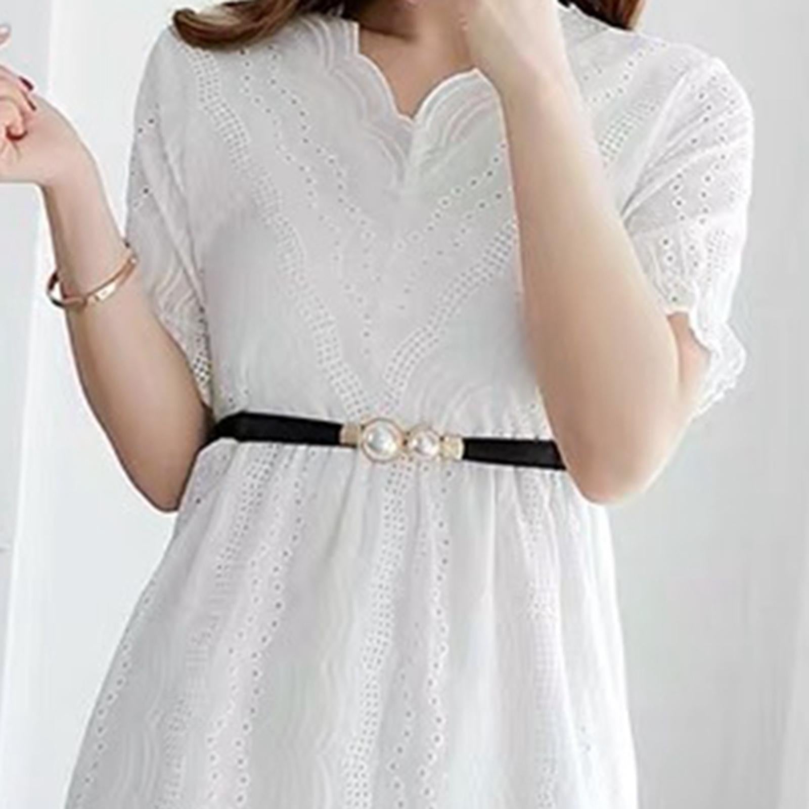 Pearl Elastic Belt Thin Leather Women Waist Belt Dress Skirt Decor White