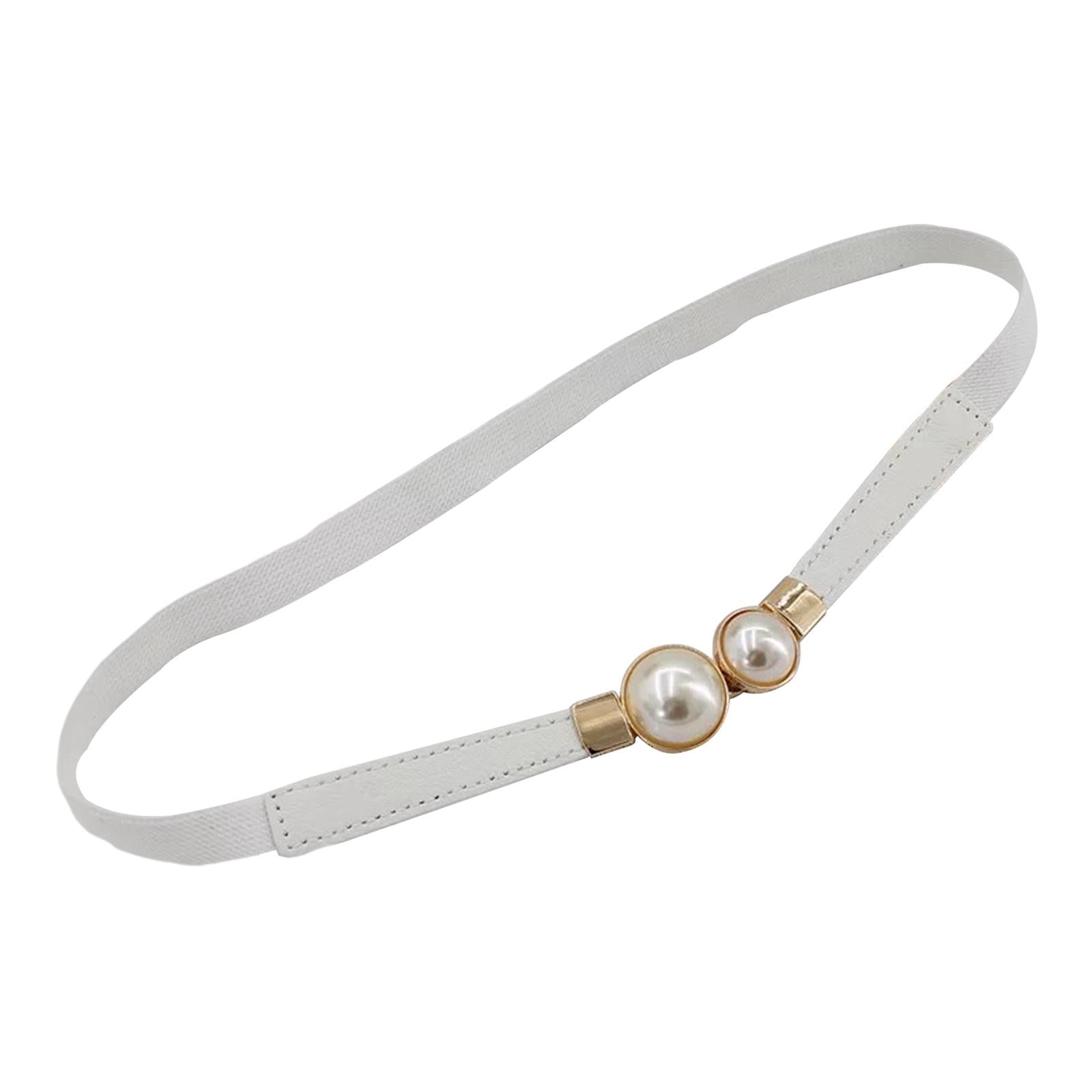 Pearl Elastic Belt Thin Leather Women Waist Belt Dress Skirt Decor White