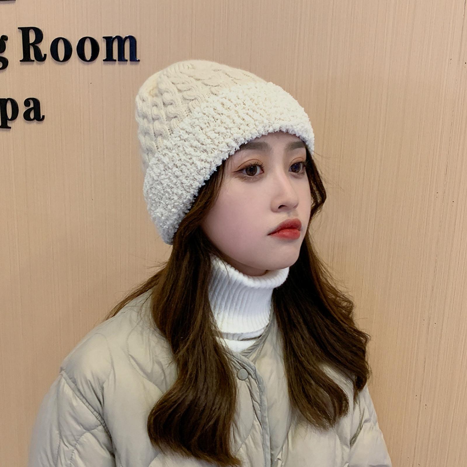 Women Knitted Beanie Winter Fashion Thermal Hats Outdoor Gadget  Beige White