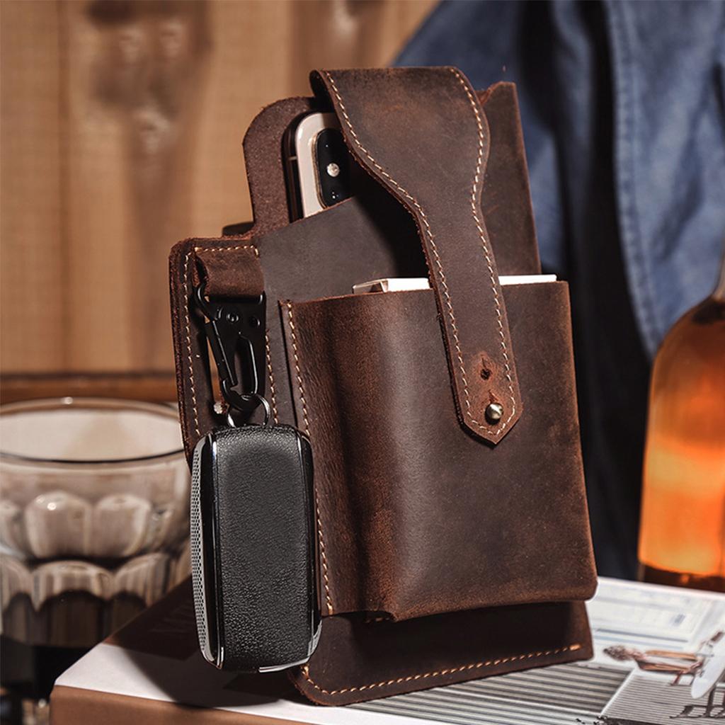 Men Leather Phone Holster Belt Bag Pocket Key Holder Waist Bag Purse Coffee