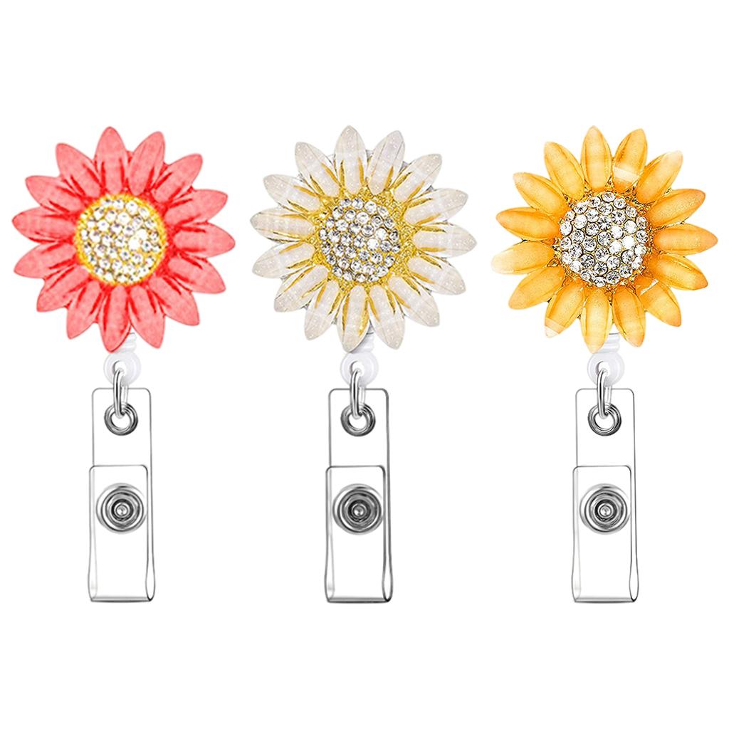 1x Sunflower Retractable Pull Chain Reel ID Card Badge Keychain Holder Clip Orange