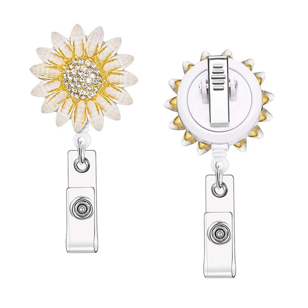 1x Sunflower Retractable Pull Chain Reel ID Card Badge Keychain Holder Clip White