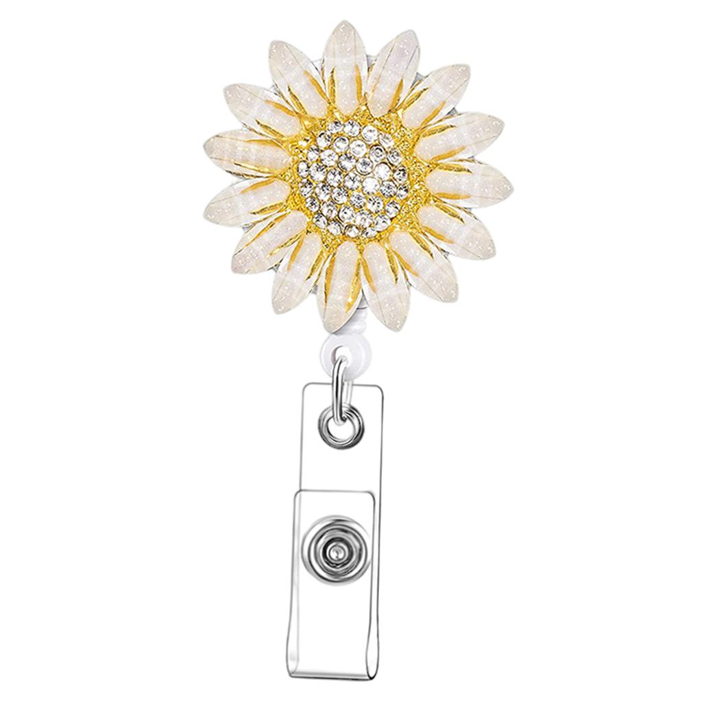 1x Sunflower Retractable Pull Chain Reel ID Card Badge Keychain Holder Clip White