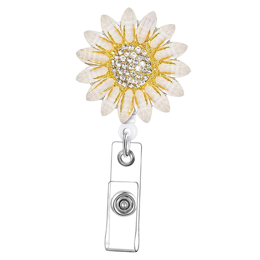 1x Sunflower Retractable Pull Chain Reel ID Card Badge Keychain Holder Clip White