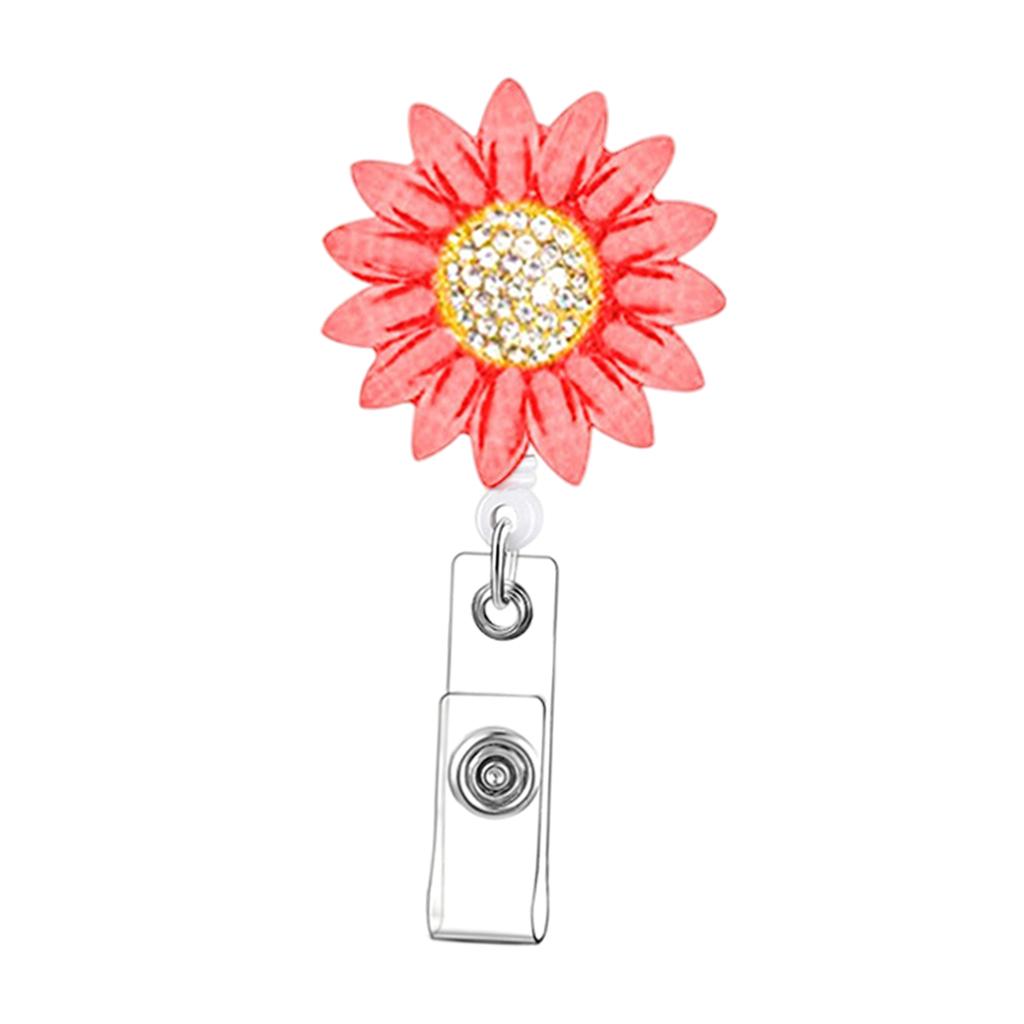 1x Sunflower Retractable Pull Chain Reel ID Card Badge Keychain Holder Clip Red