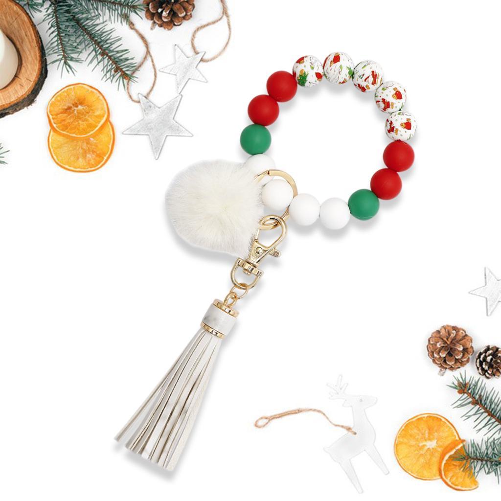 Beaded Bracelet Keychain Bangle Keyring Keys Ring Holder with Tassel White