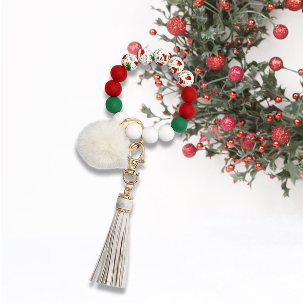 Beaded Bracelet Keychain Bangle Keyring Keys Ring Holder with Tassel White