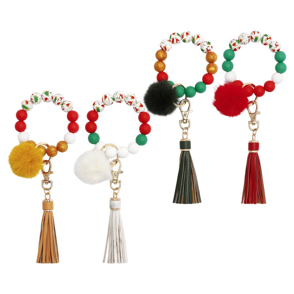 Beaded Bracelet Keychain Bangle Keyring Keys Ring Holder with Tassel White