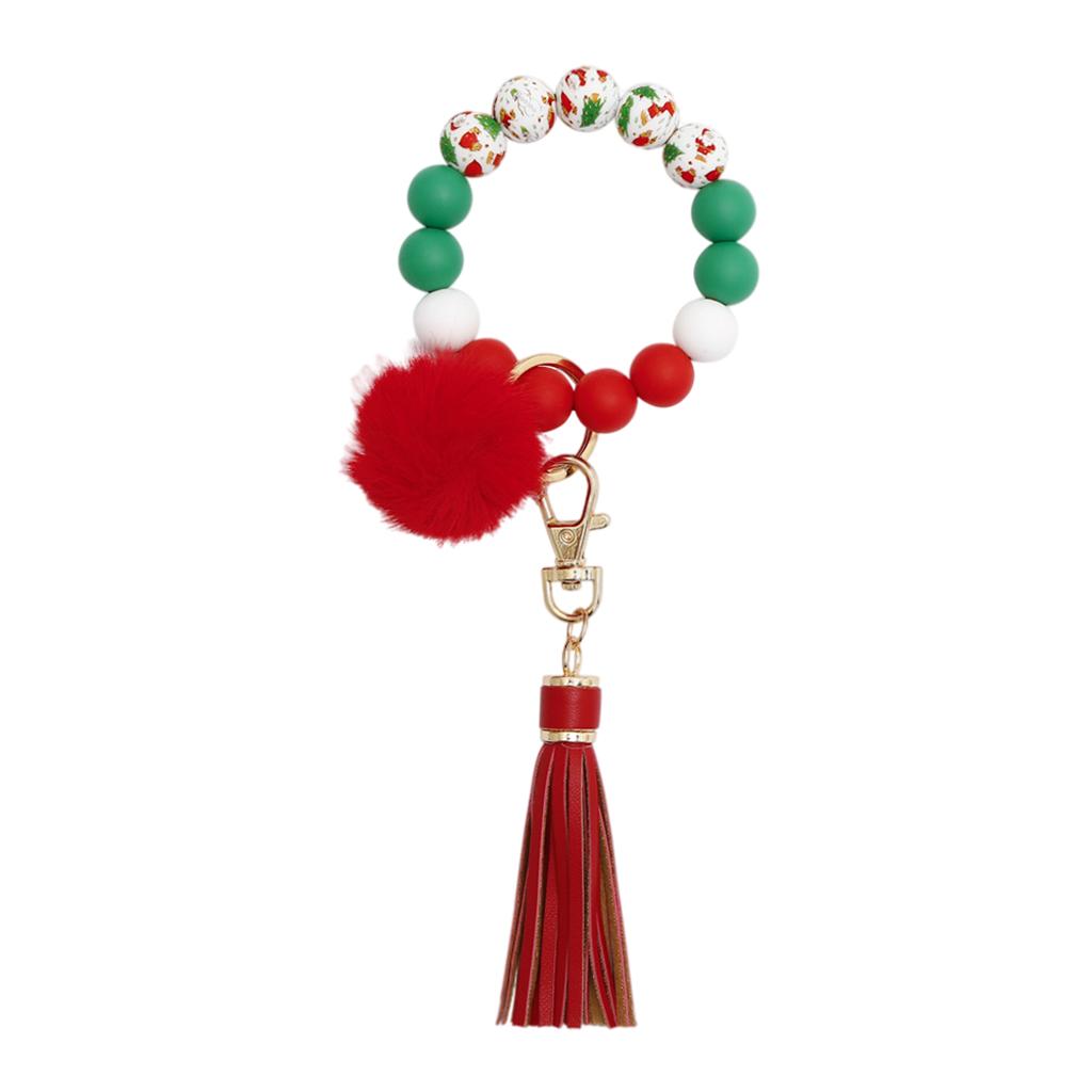 Beaded Bracelet Keychain Bangle Keyring Keys Ring Holder with Tassel Red