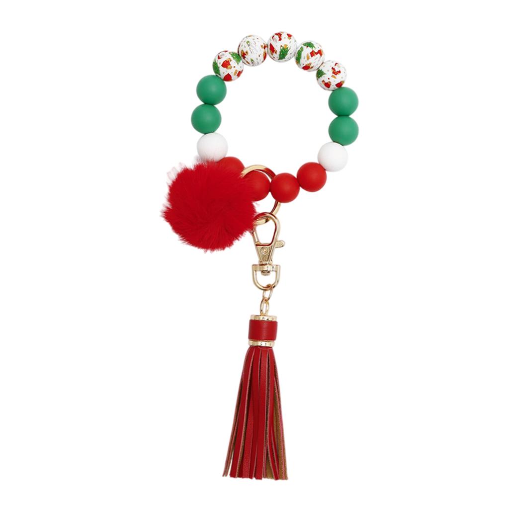 Beaded Bracelet Keychain Bangle Keyring Keys Ring Holder with Tassel Red