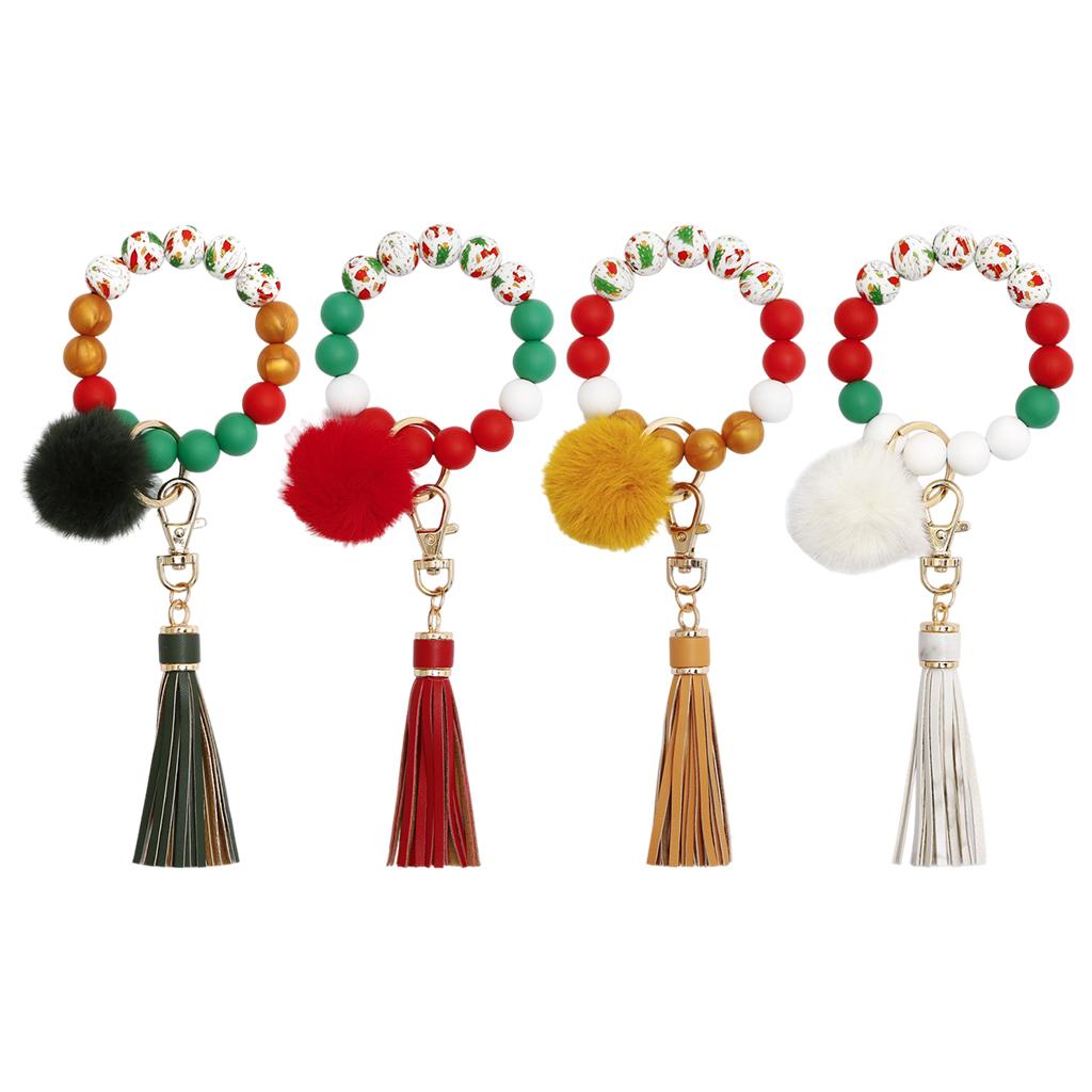 Beaded Bracelet Keychain Bangle Keyring Keys Ring Holder with Tassel Green