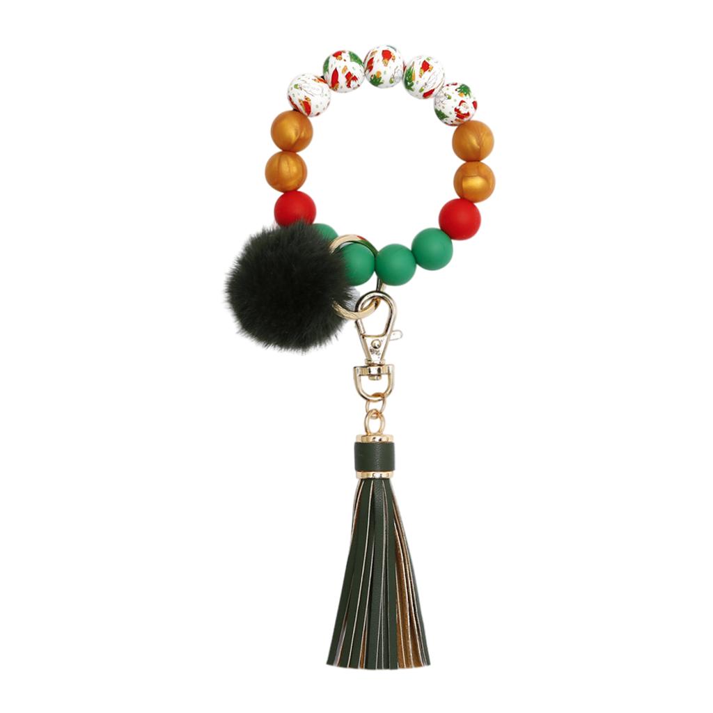 Beaded Bracelet Keychain Bangle Keyring Keys Ring Holder with Tassel Green