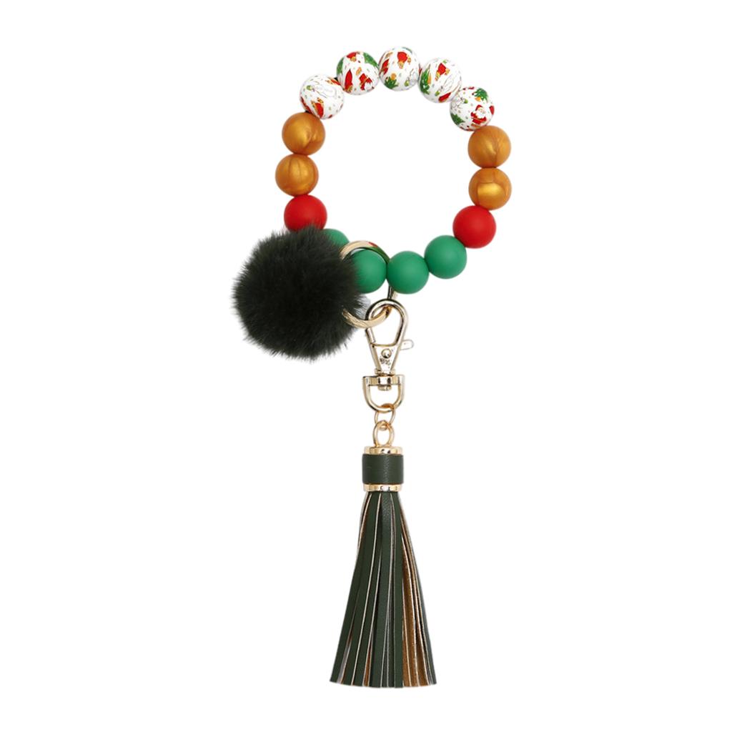 Beaded Bracelet Keychain Bangle Keyring Keys Ring Holder with Tassel Green