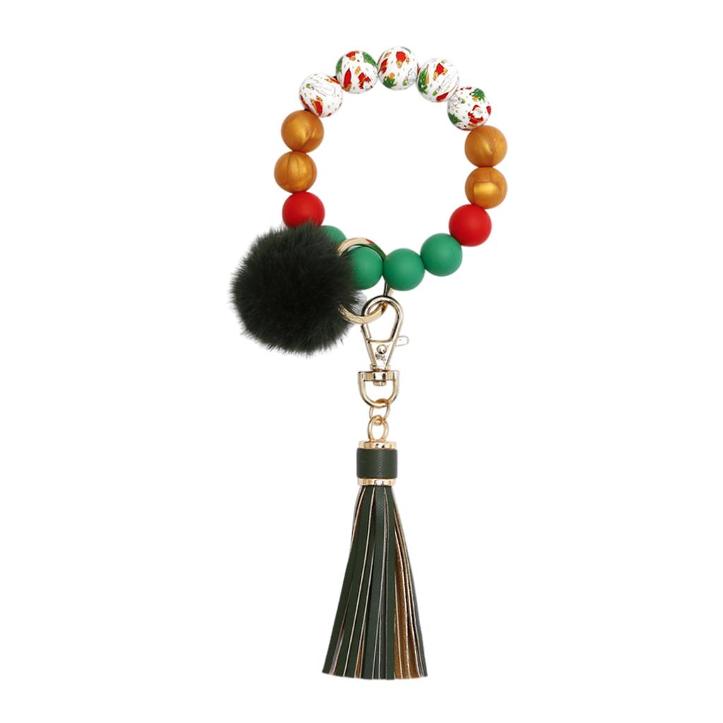 Beaded Bracelet Keychain Bangle Keyring Keys Ring Holder with Tassel Green