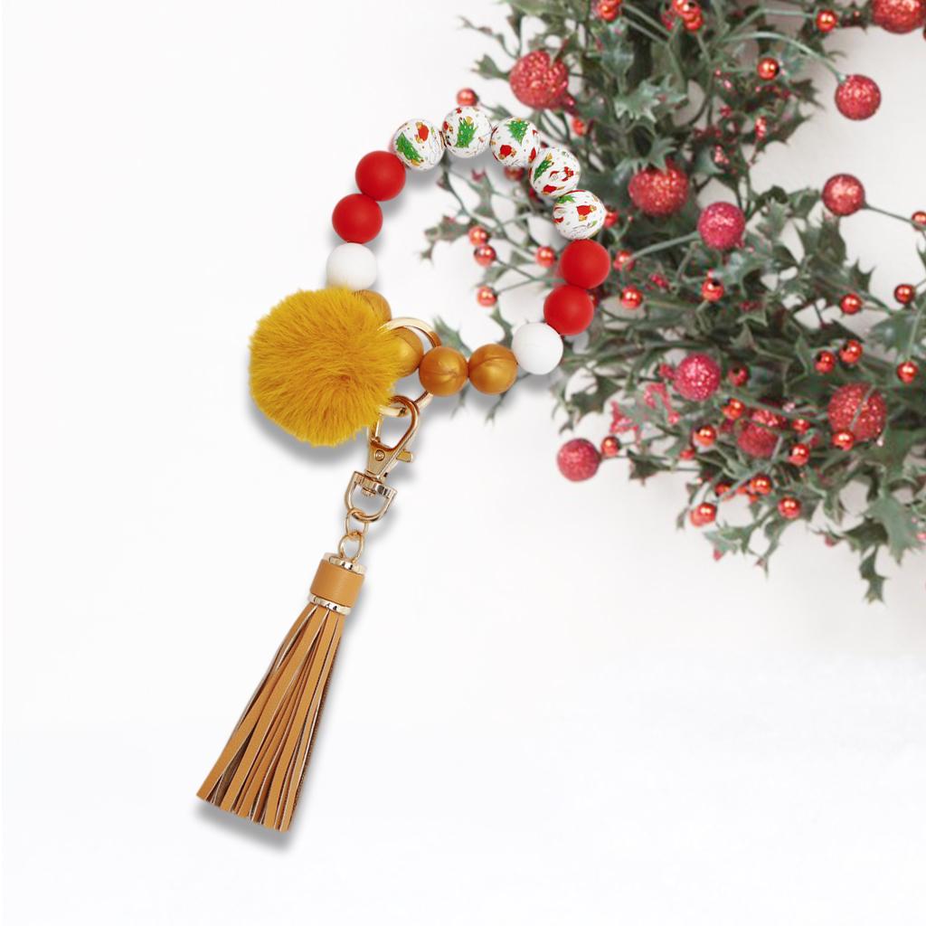 Beaded Bracelet Keychain Bangle Keyring Keys Ring Holder with Tassel Yellow